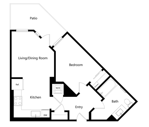 Floor plan for 1 bed, 1 bath, 587 sqft